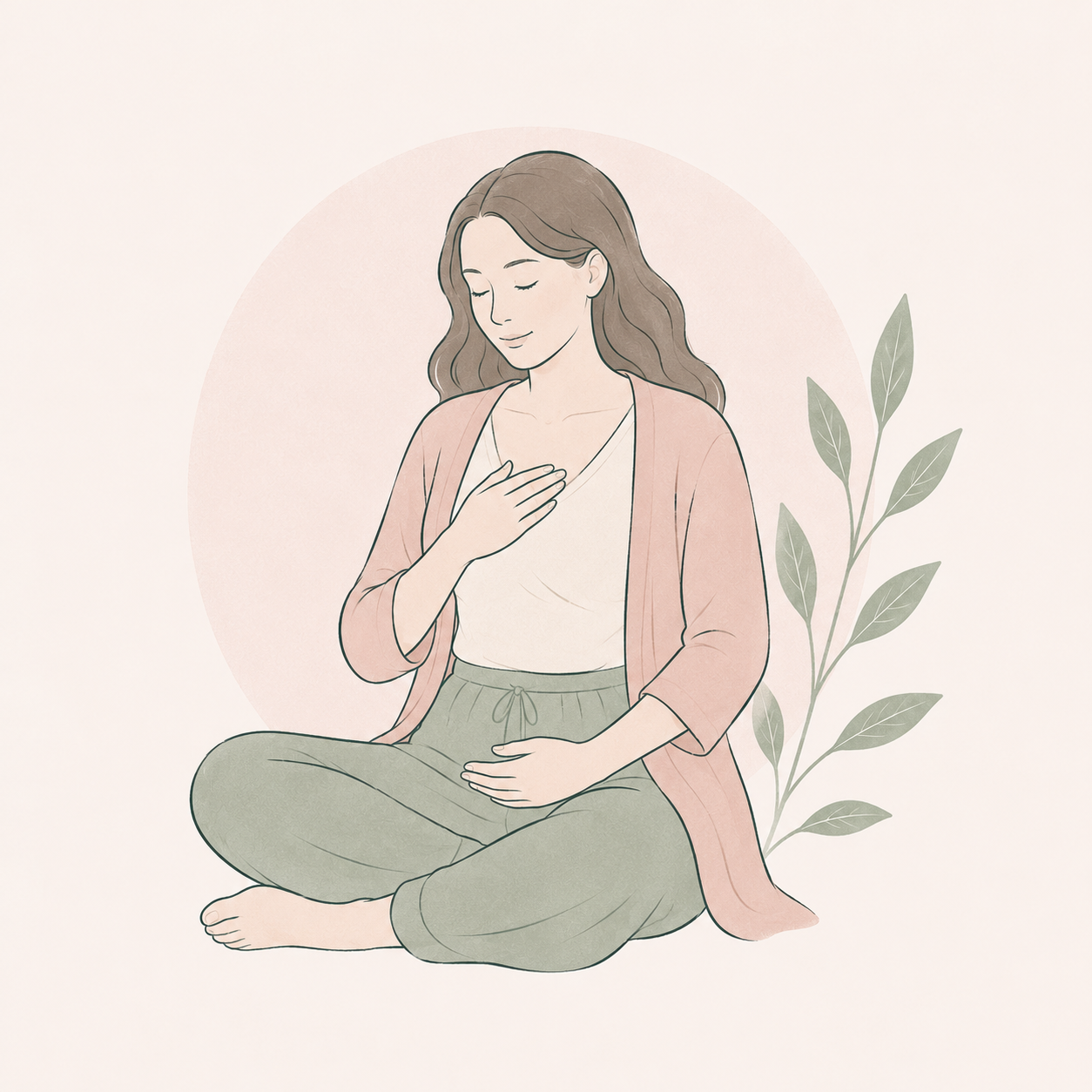 Illustration d’une femme assise sereinement, une main posée sur la poitrine